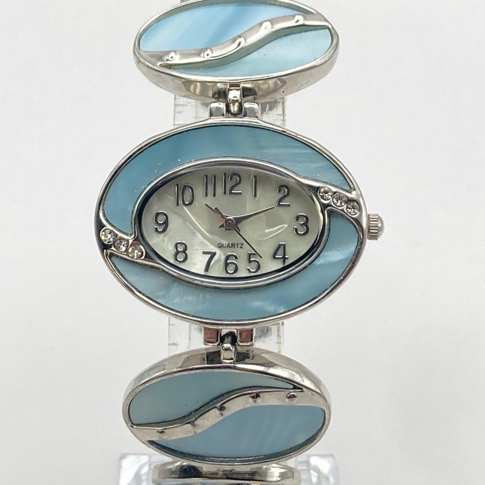 Women's Watch Silver Tone Blue MOP Inlay Crystals 35mm Oval New Battery 7.75"